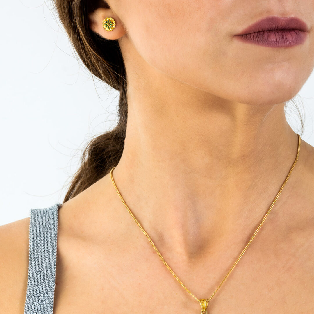 18K Gold Rosette Stud Earrings with Enamel — Turquoise