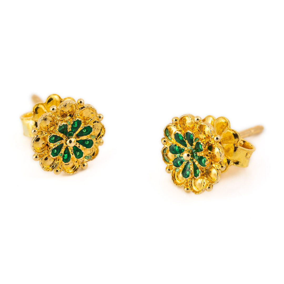 18K Gold Rosette Stud Earrings with Enamel — Turquoise