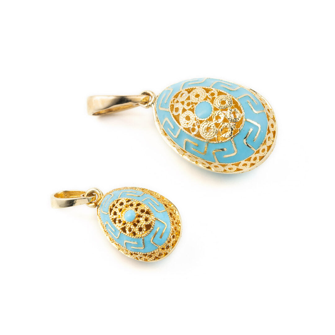 14k Gold Meander Filigree Egg Pendant with Turquoise Enamel