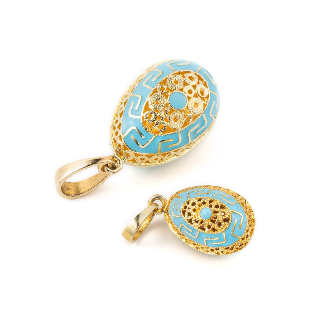 14k Gold Meander Filigree Egg Pendant with Turquoise Enamel