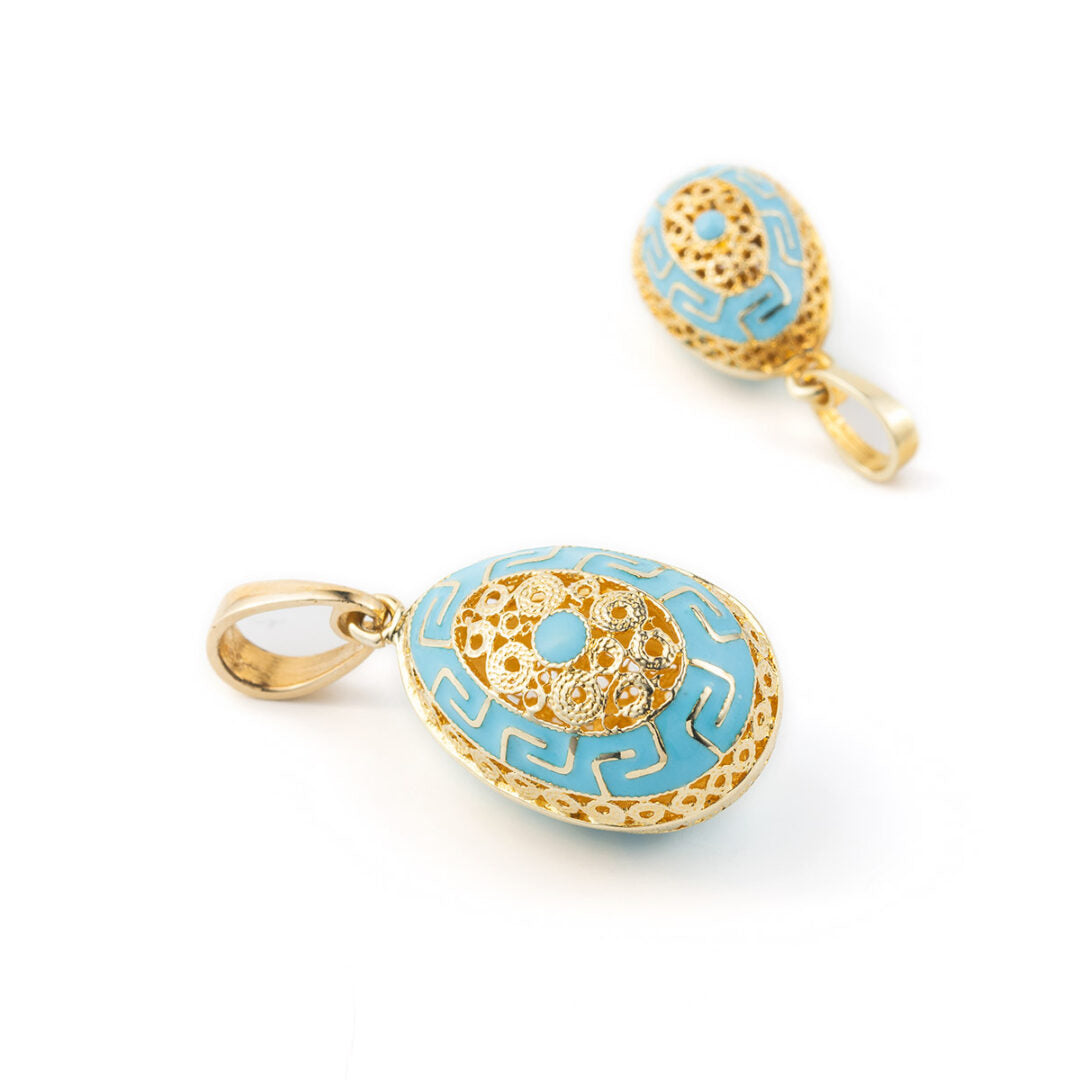 14k Gold Meander Filigree Egg Pendant with Turquoise Enamel