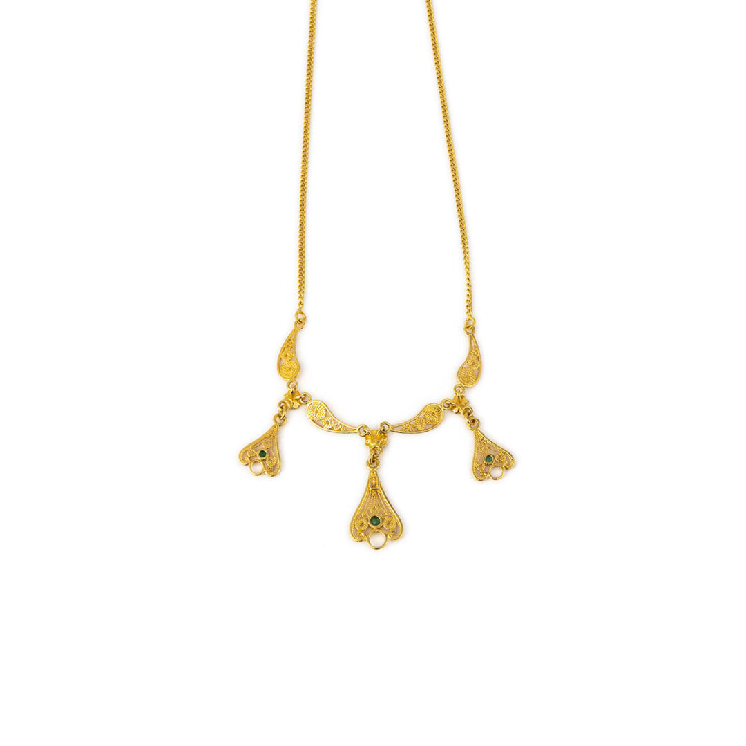 18K Gold Byzantine Filigree Emerald Necklace