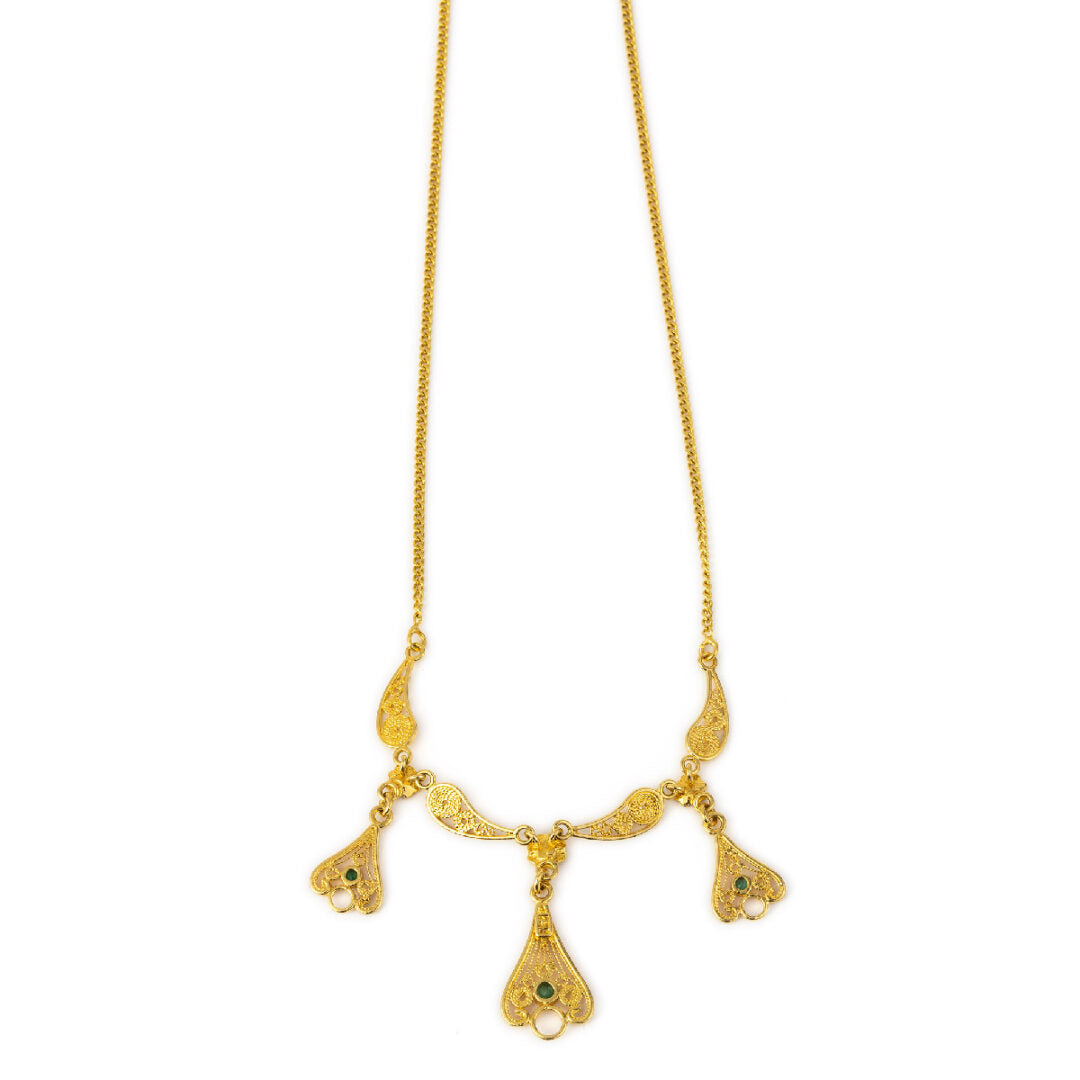 18K Gold Byzantine Filigree Emerald Necklace