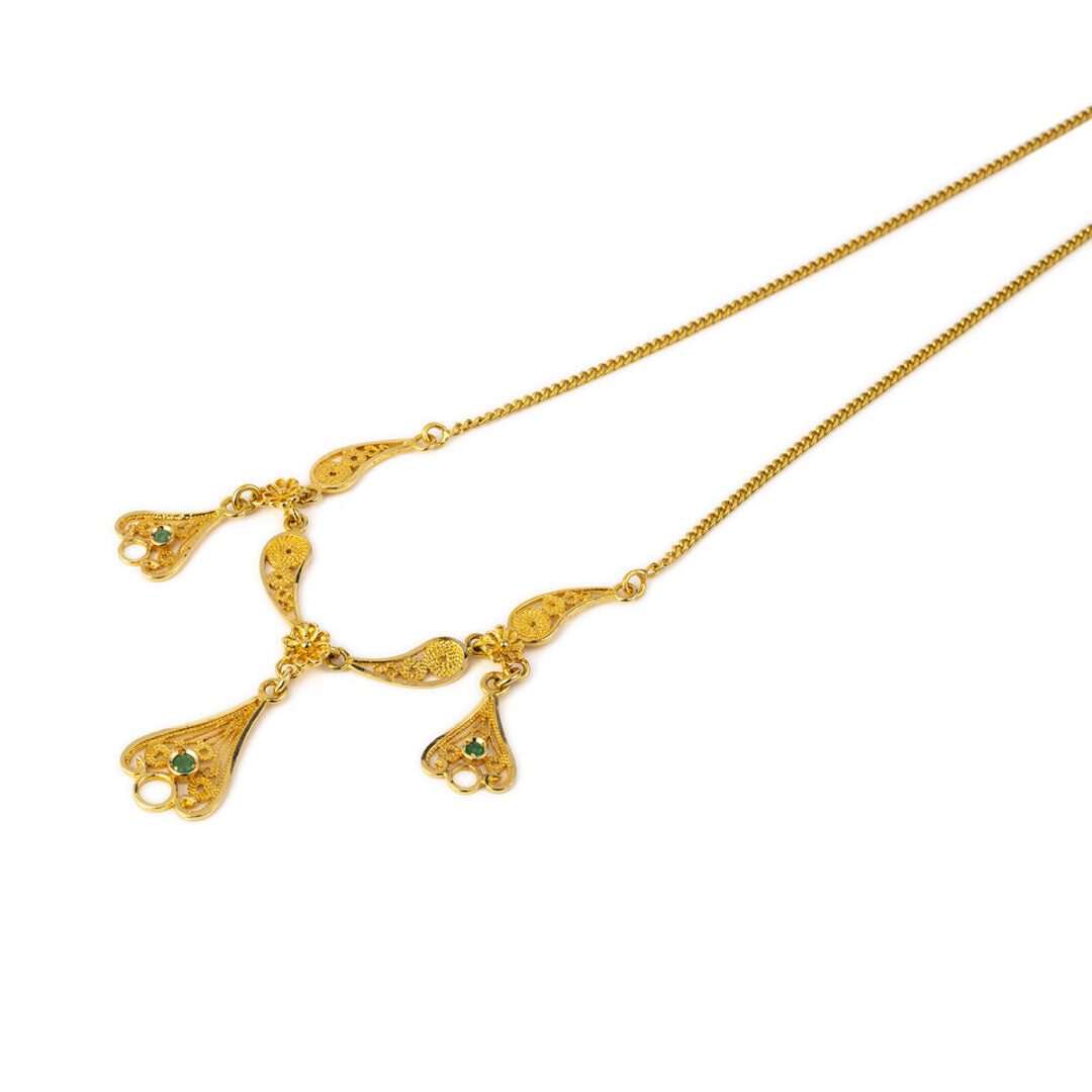 18K Gold Byzantine Filigree Emerald Necklace