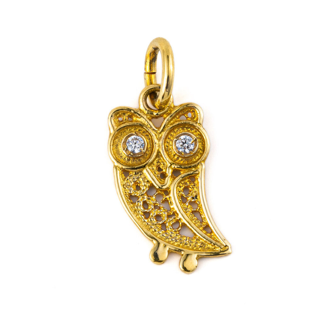 Wisdom Owl Filigree Pendant - 14K Gold with Zircon