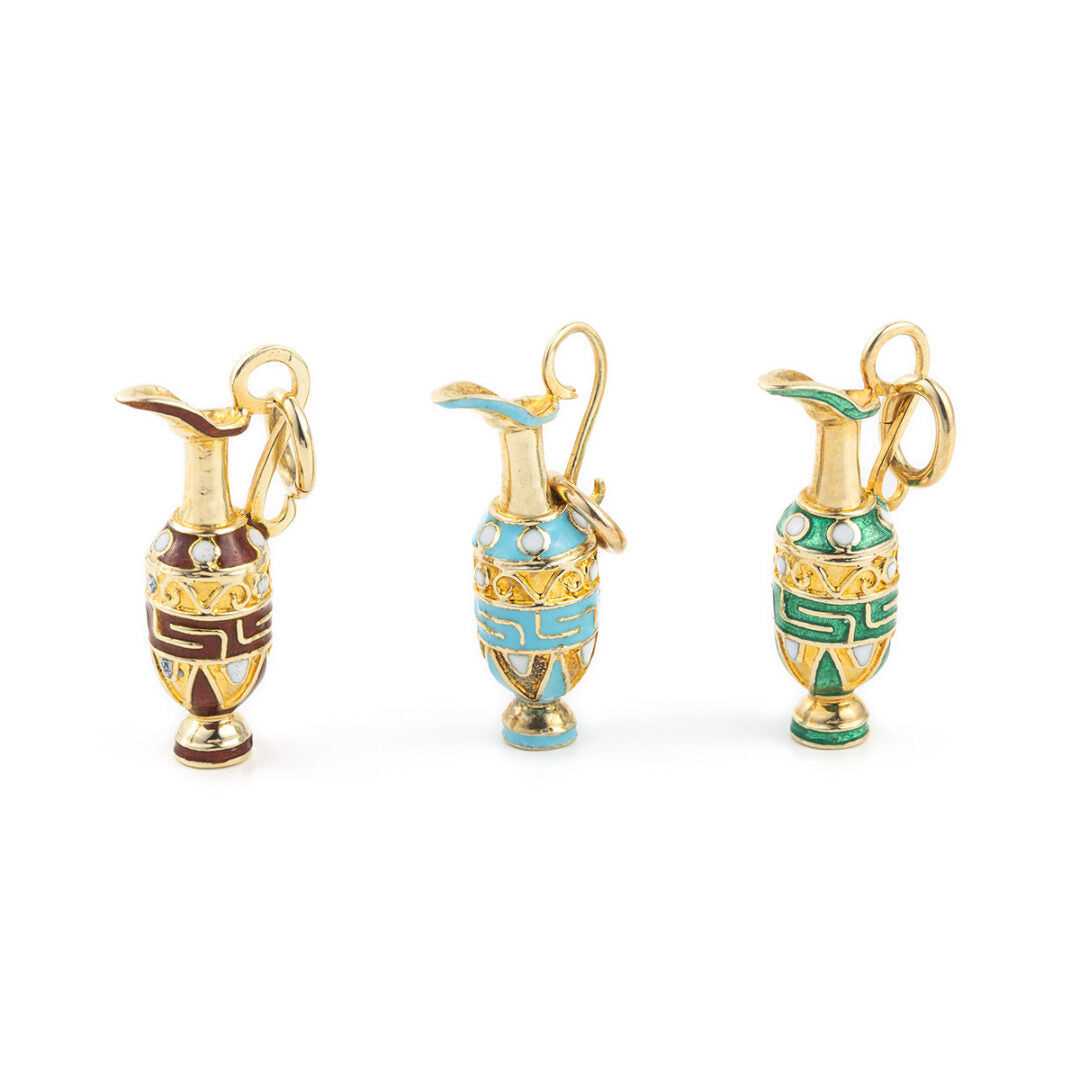 14k Gold Pendant Amphora with Green enamel & Meander