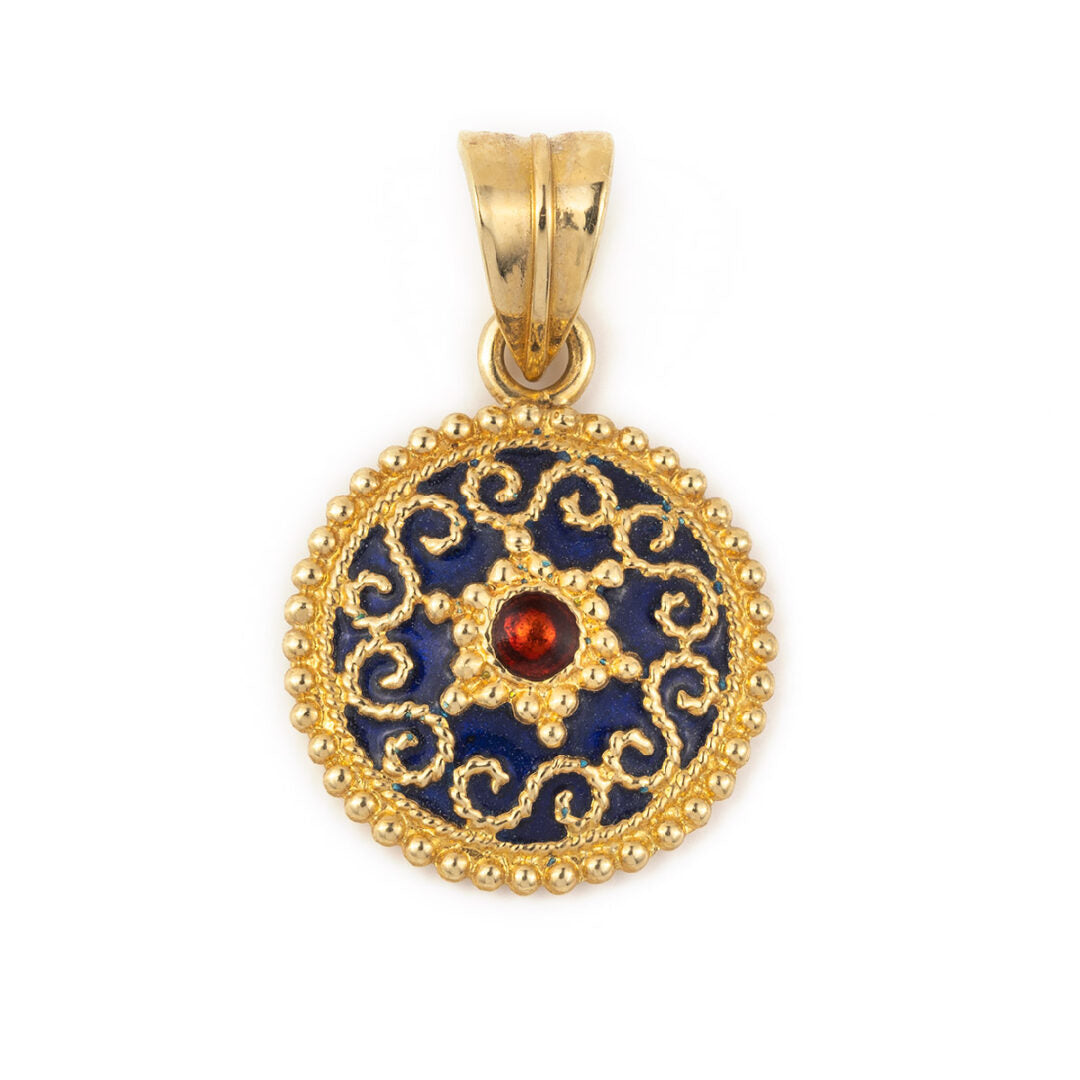 18k Solid Gold Round Pendant with Blue and Red enamel