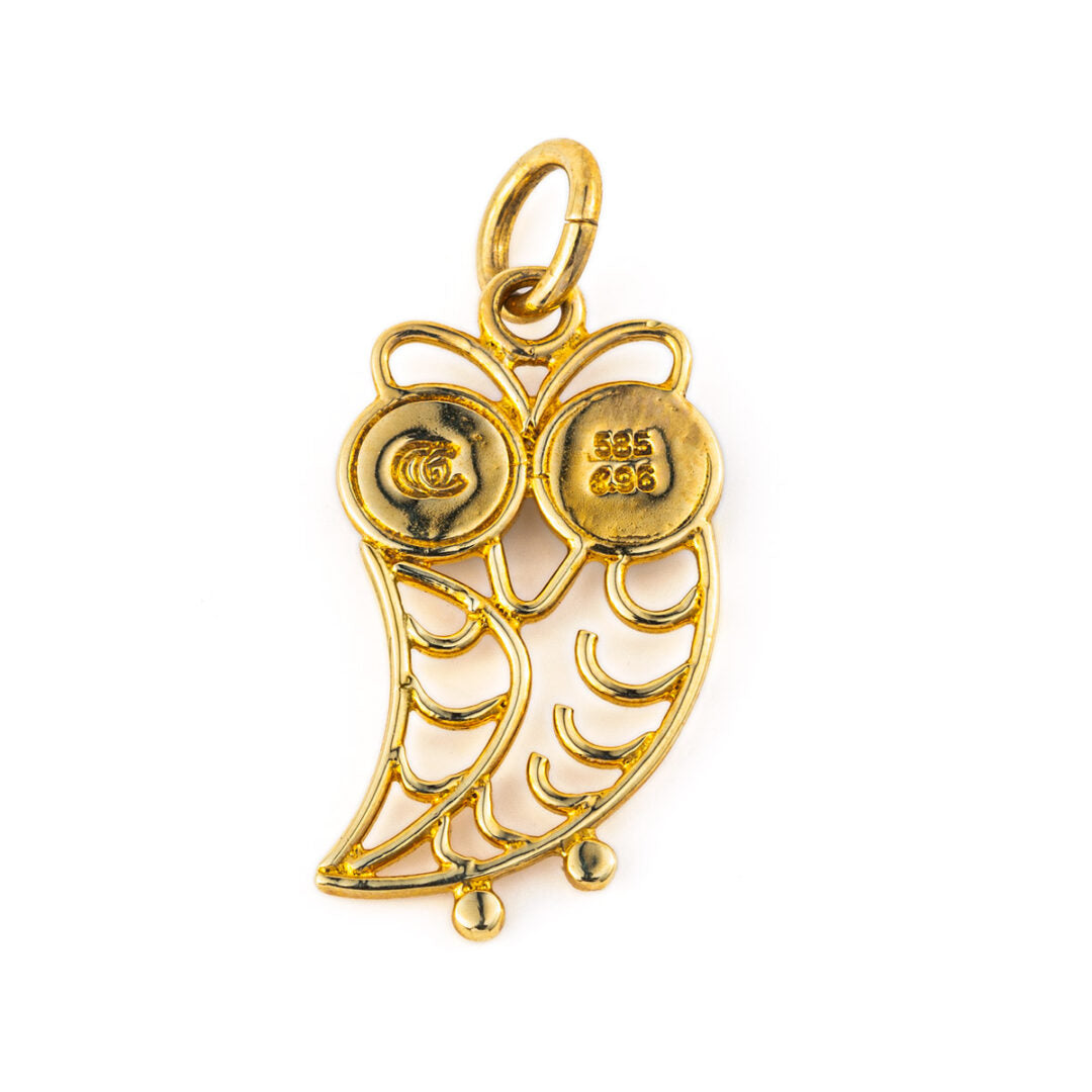 14k Gold Filigree Pendant - Wisdom Owl with Blue Eyes