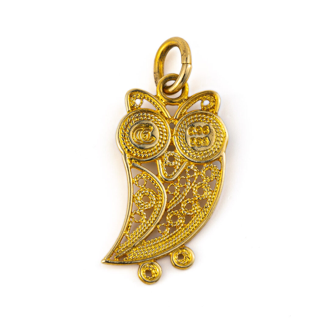 14k Solid Gold Filigree Pendant - Wisdom Owl