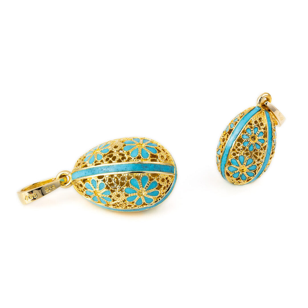 Filigree Egg Pendant with Flowers - 14k Gold and Turquoise Enamel