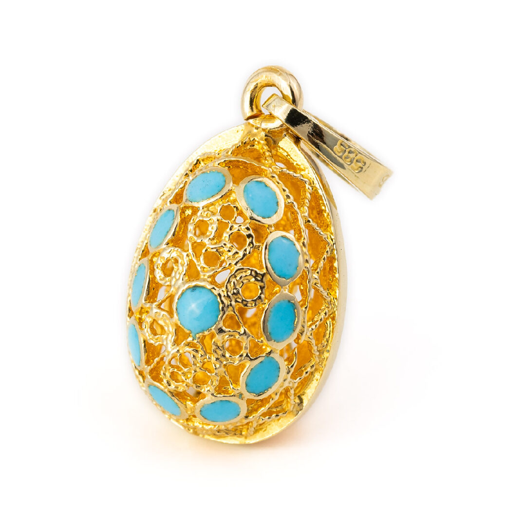 Filigree Egg Pendant - 14k Gold and Turquoise Enamel