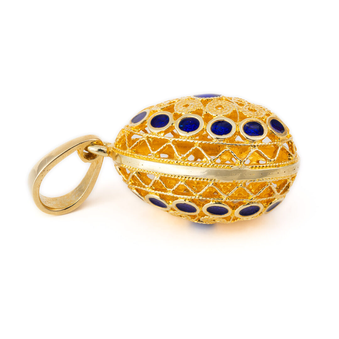 Filigree Egg Pendant Necklace – Sterling Silver and Gold Plated with Blue Enamel — Turquoise