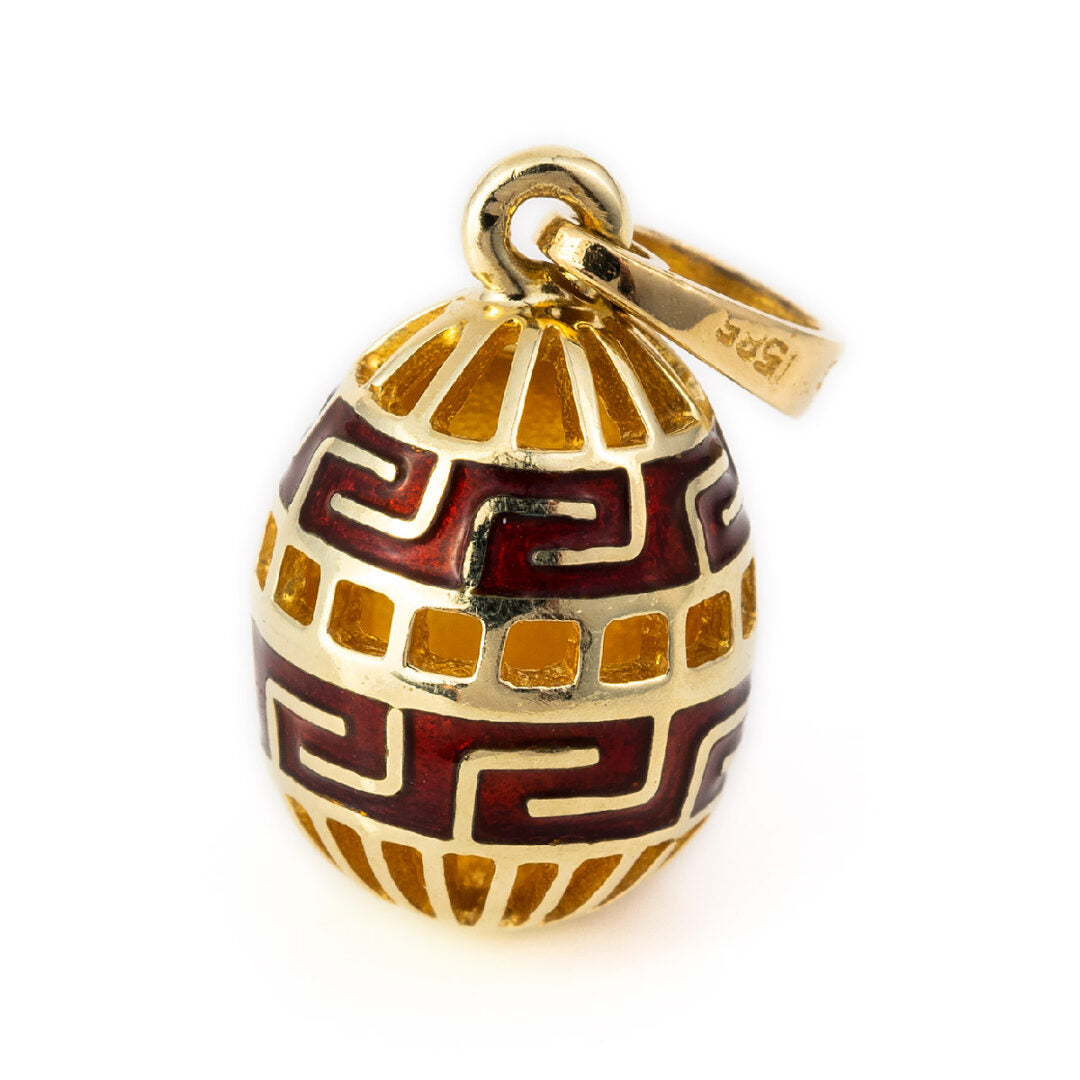 Meander Egg Pendant - 14k Gold and Red Enamel
