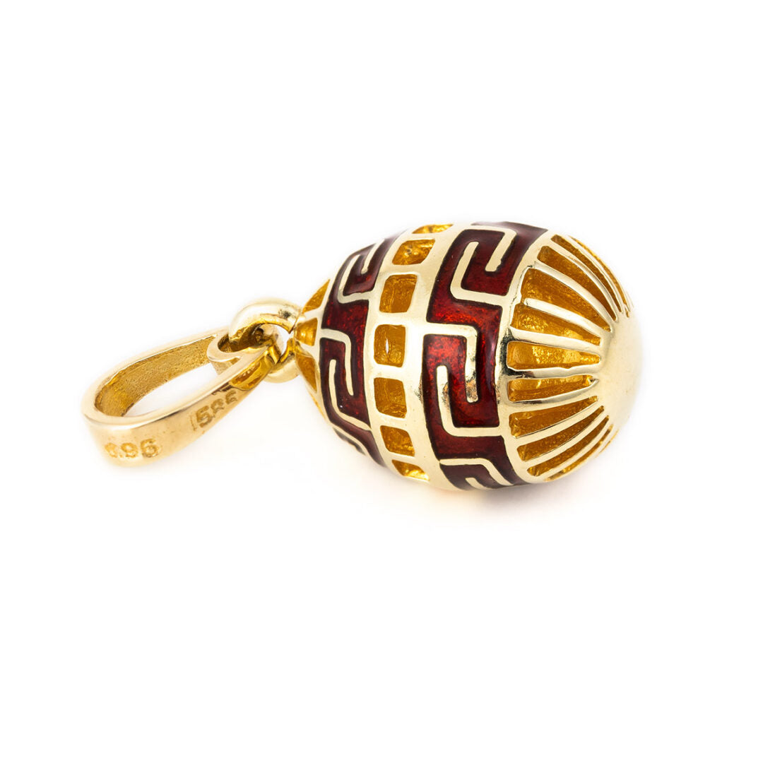 Meander Egg Pendant - 14k Gold and Red Enamel