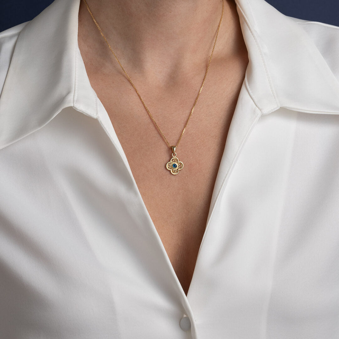 Filigree Cross Pendant with Evil Eye - 14K Gold