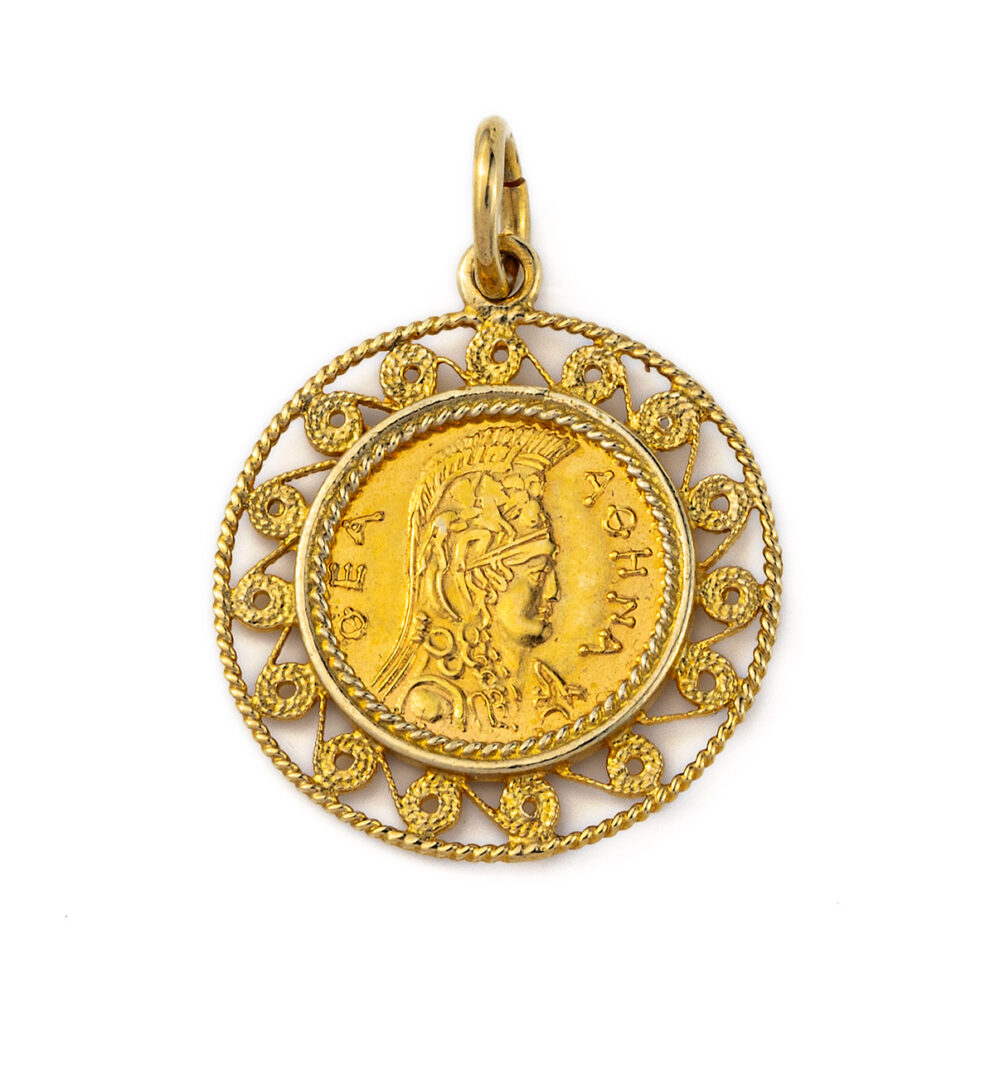 Goddess Athena and Owl Filigree Pendant - 14K Gold
