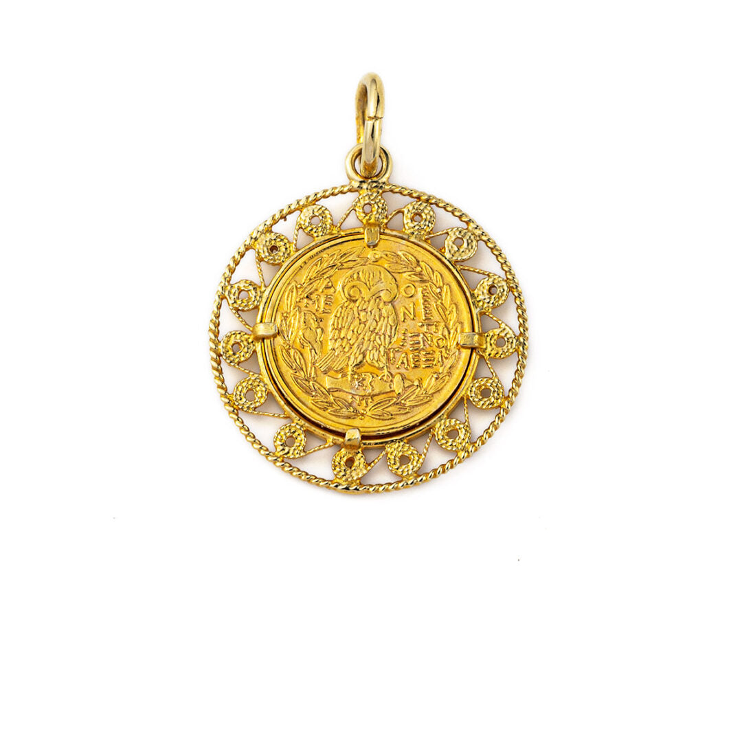 Goddess Athena and Owl Filigree Pendant - 14K Gold