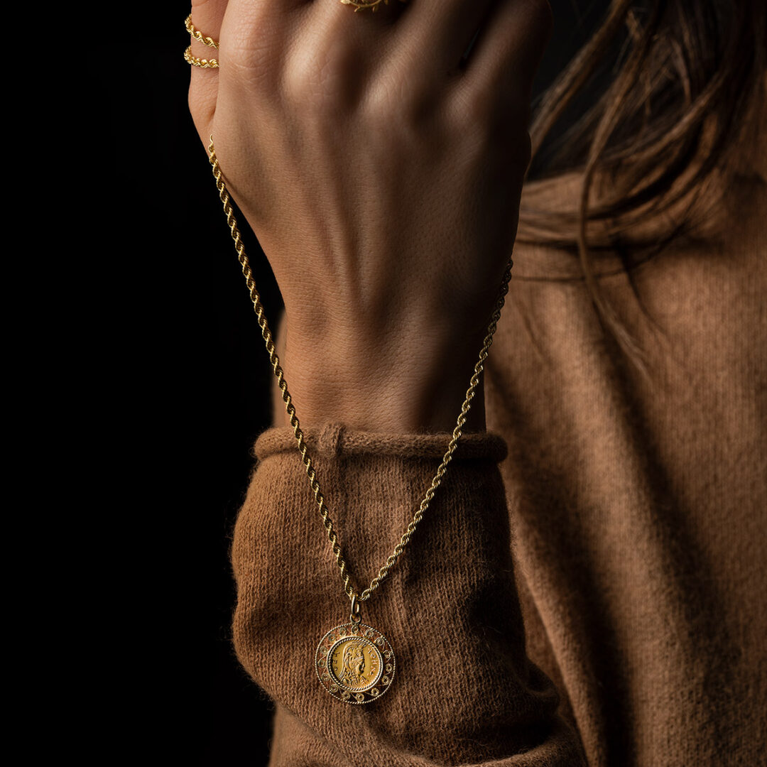 Goddess Athena and Owl Filigree Pendant - 14K Gold