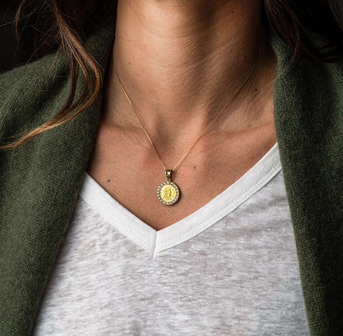 Goddess Athena and Owl Pendant with Crystals - 14K Solid Gold