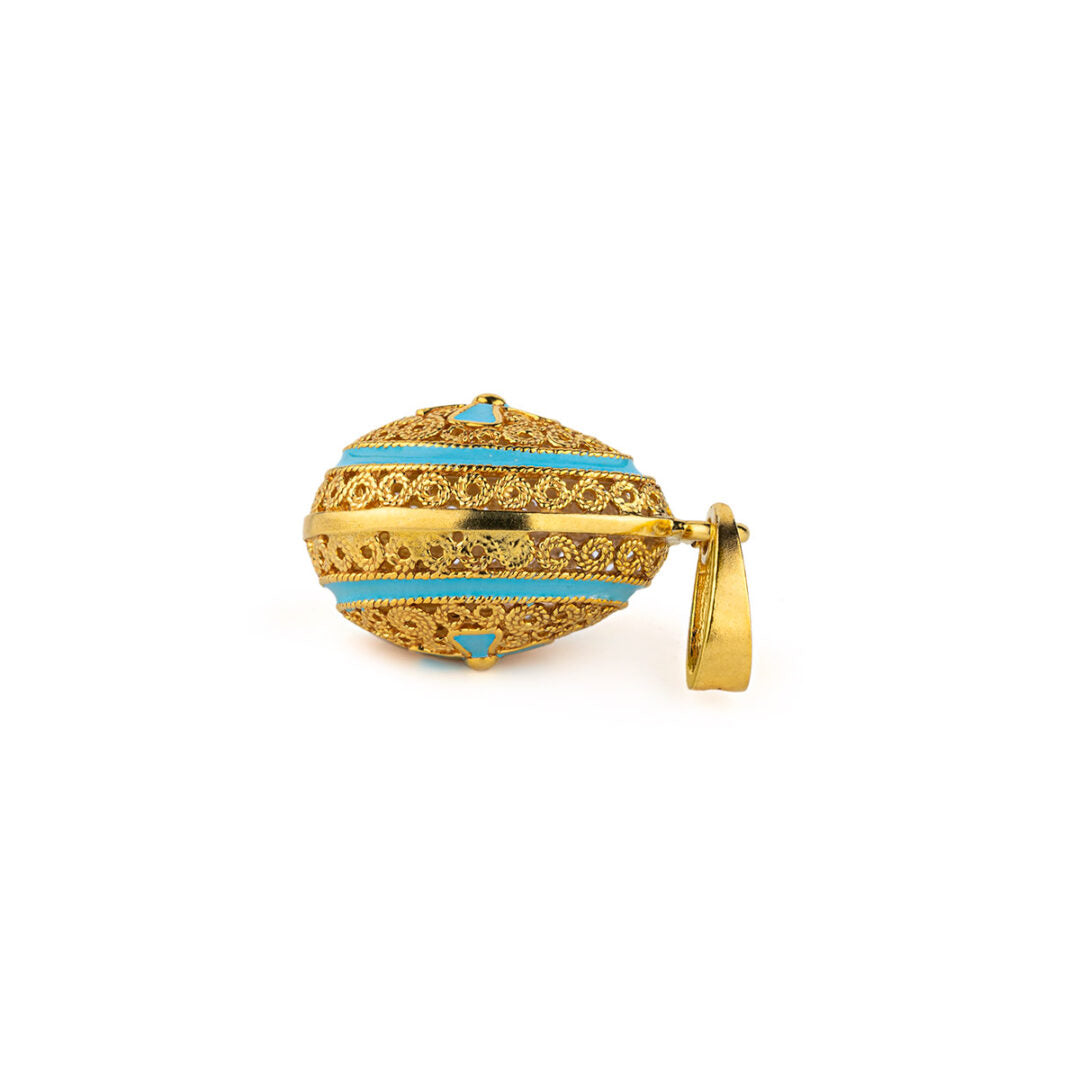 Egg Pendant Necklace with Cross - Sterling Silver Gold Plated with Turquoise Enamel