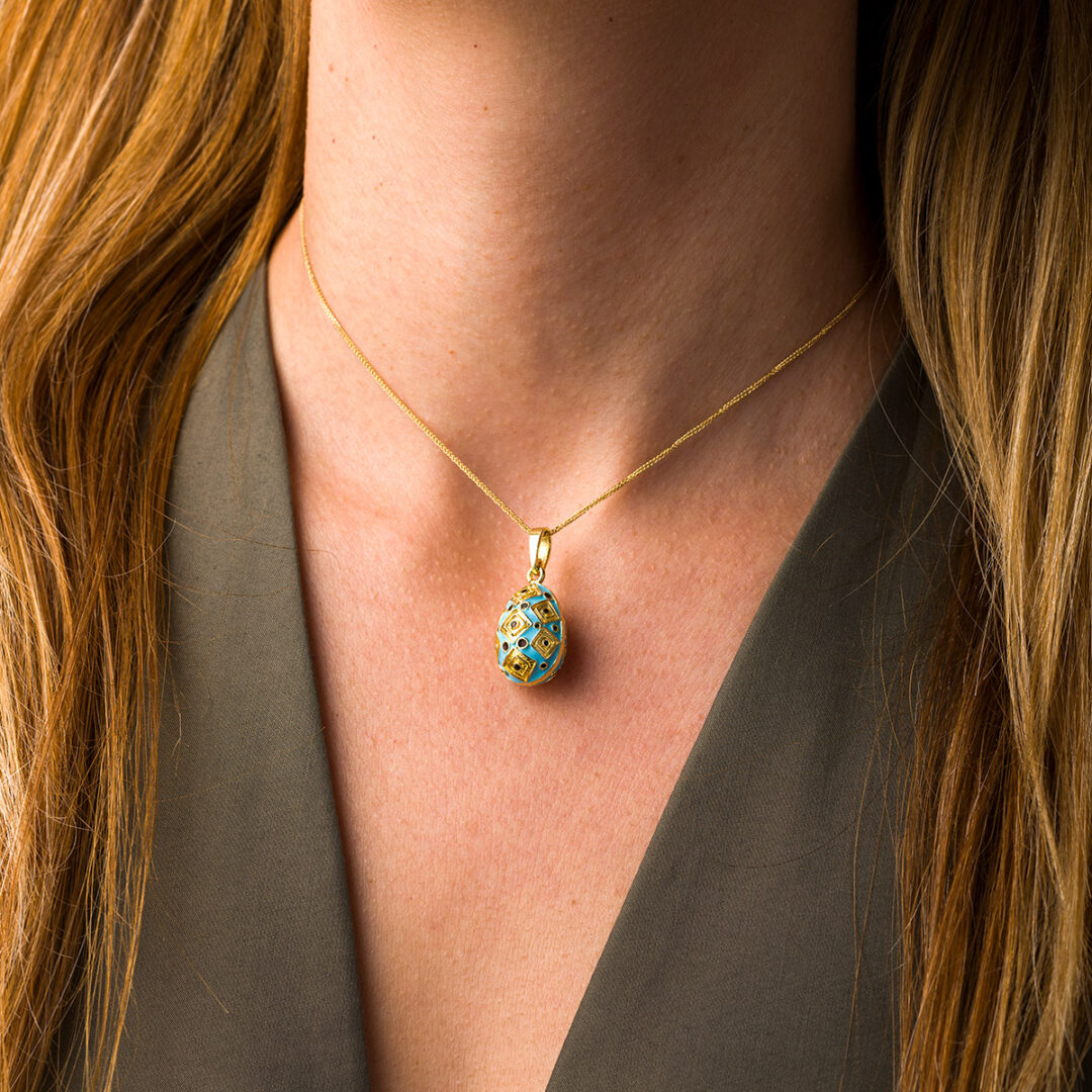 Egg Enamel Pendant Necklace with Square Motifs – Sterling Silver Gold Plated