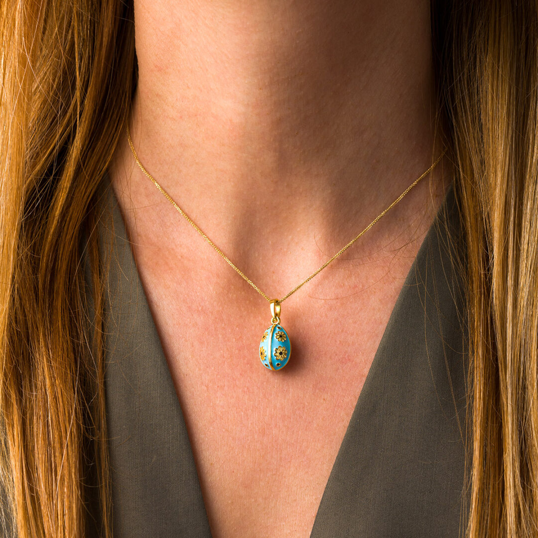 Egg Pendant Necklace with Flowers - Sterling Silver Gold Plated and Enamel — White