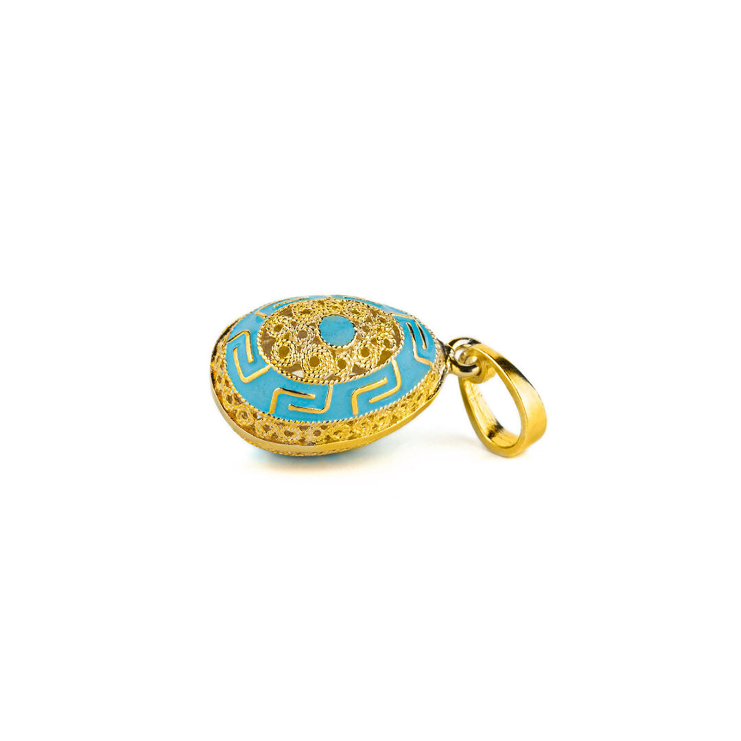 Meander Filigree Egg Pendant Necklace with Turquoise Enamel - Sterling Silver Gold Plated