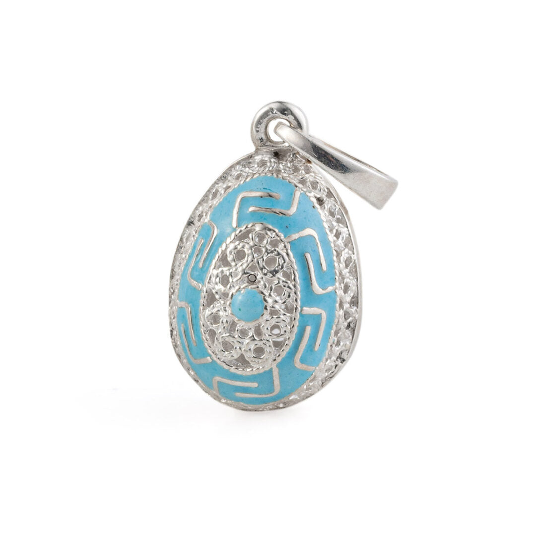 Greek Key Egg Enamel Pendant Necklace – 925 Sterling Silver — Turquoise