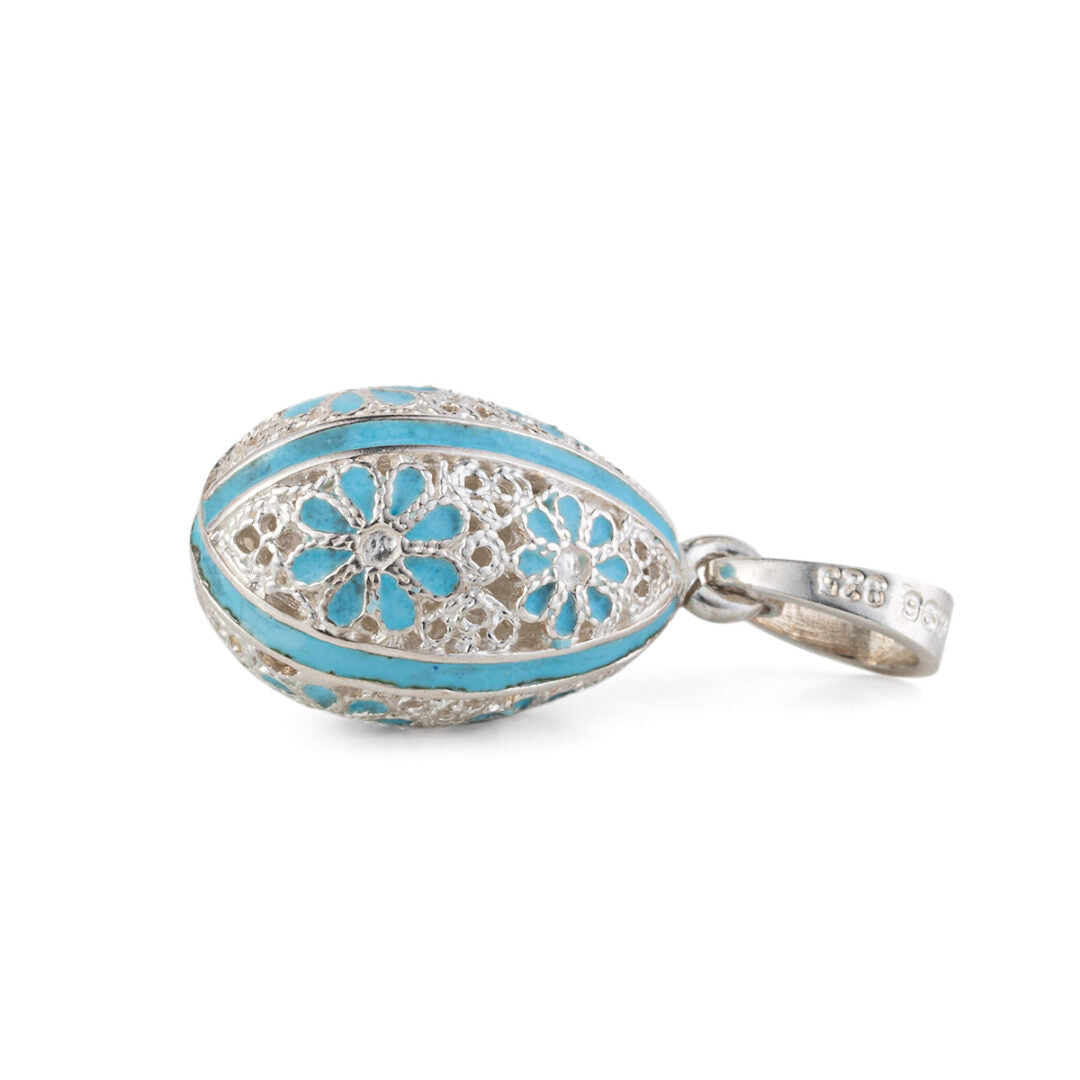 Flowers Egg Pendant Necklace – 925 Sterling Silver — Blue