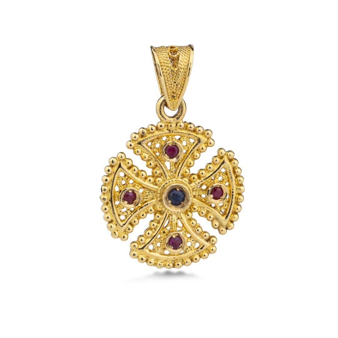 18k Gold Filigree Byzantine Cross With Ruby and Sapphire