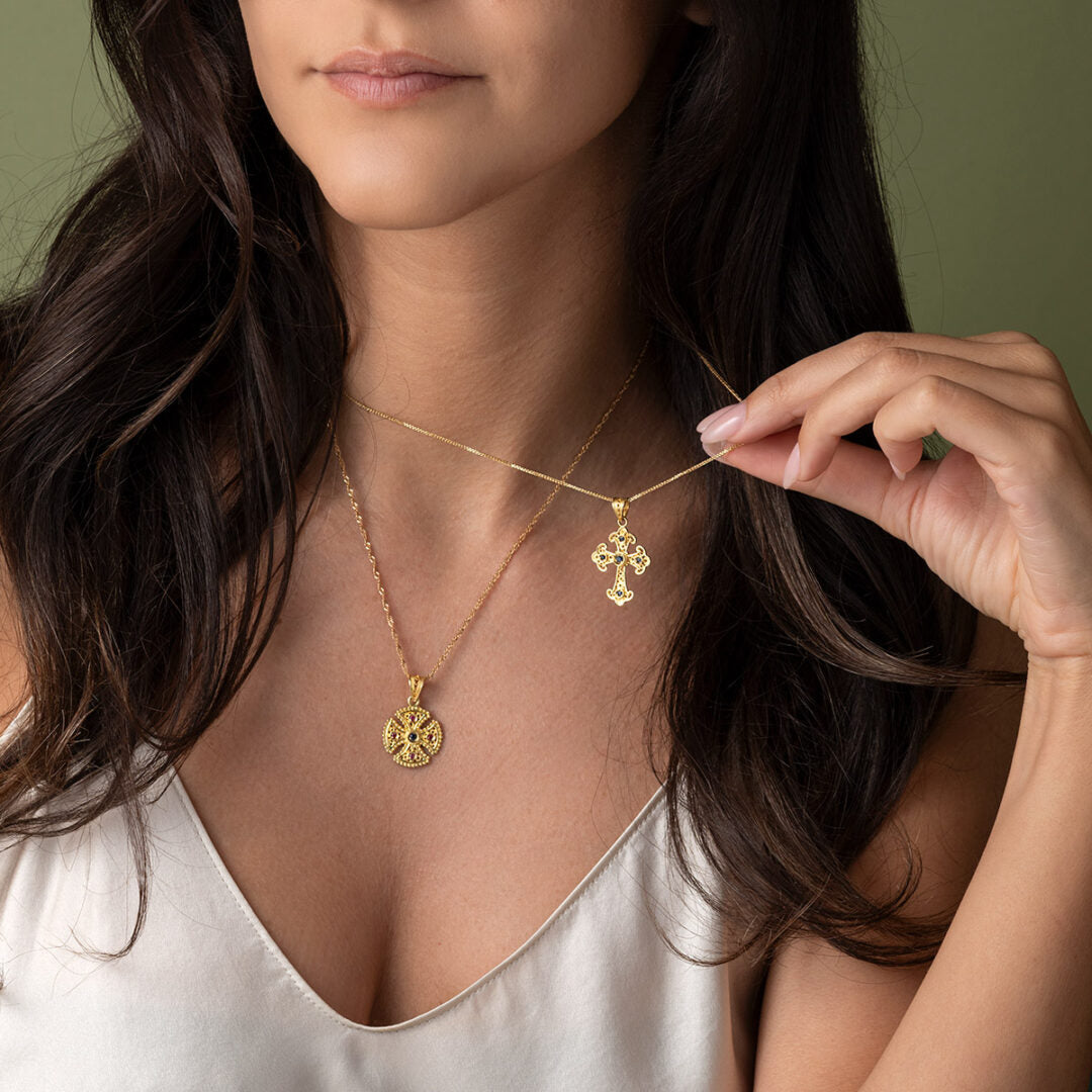 18k Gold Filigree Byzantine Cross With Ruby and Sapphire
