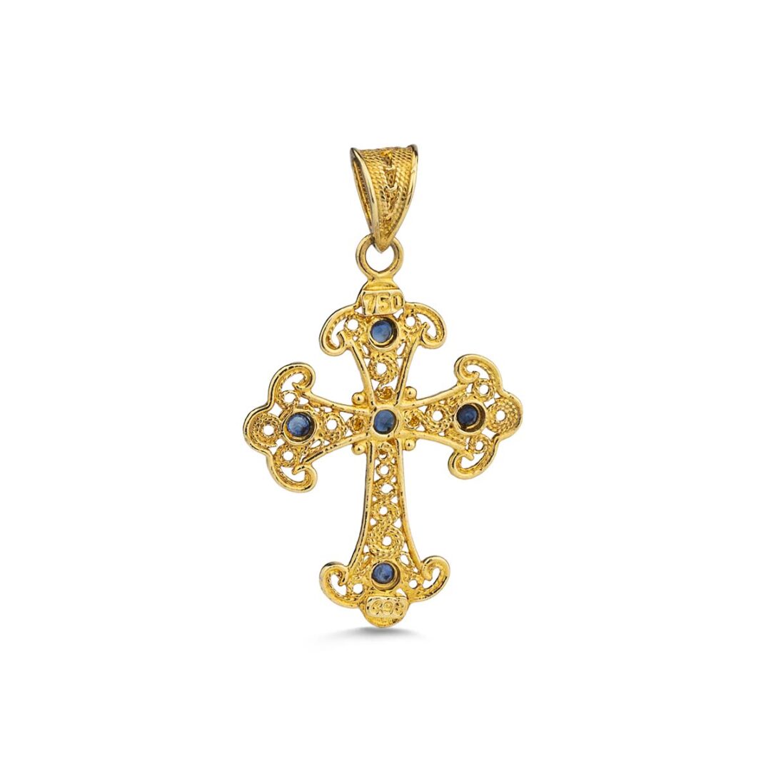 18k Gold Filigree Byzantine Cross With Sapphire