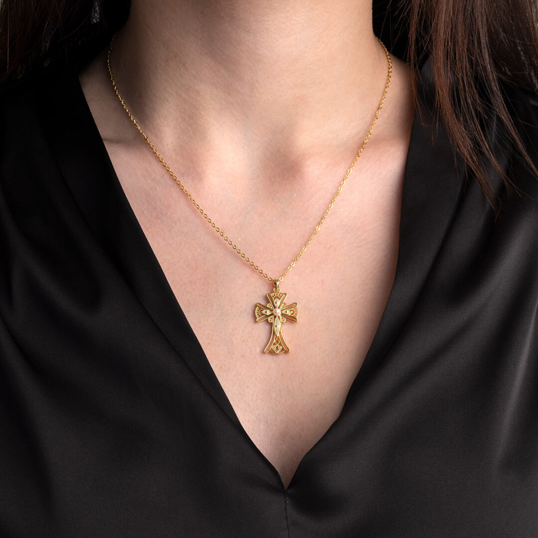 Byzantine Cross Necklace with Pearl - 925 Sterling Silver