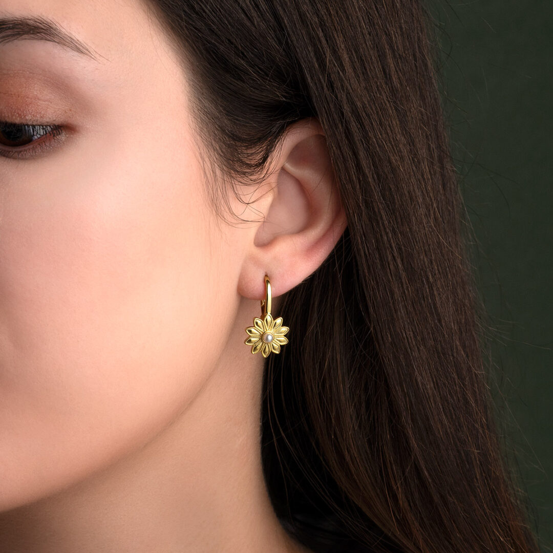 Gold Plated Daisy Hoop Earrings with Pearl