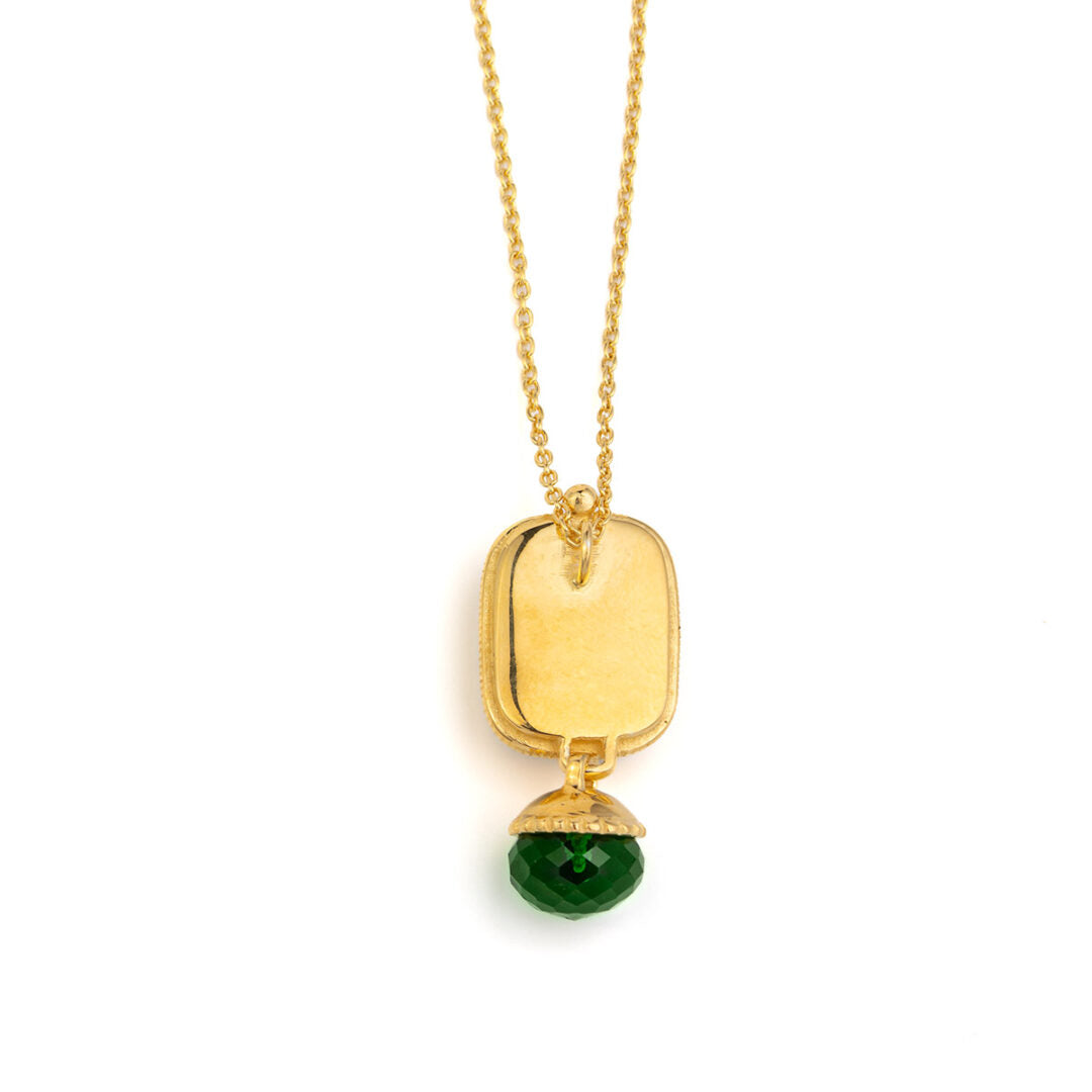 925 Sterling Silver and Gold Plated Necklace with Green Glass Engaving