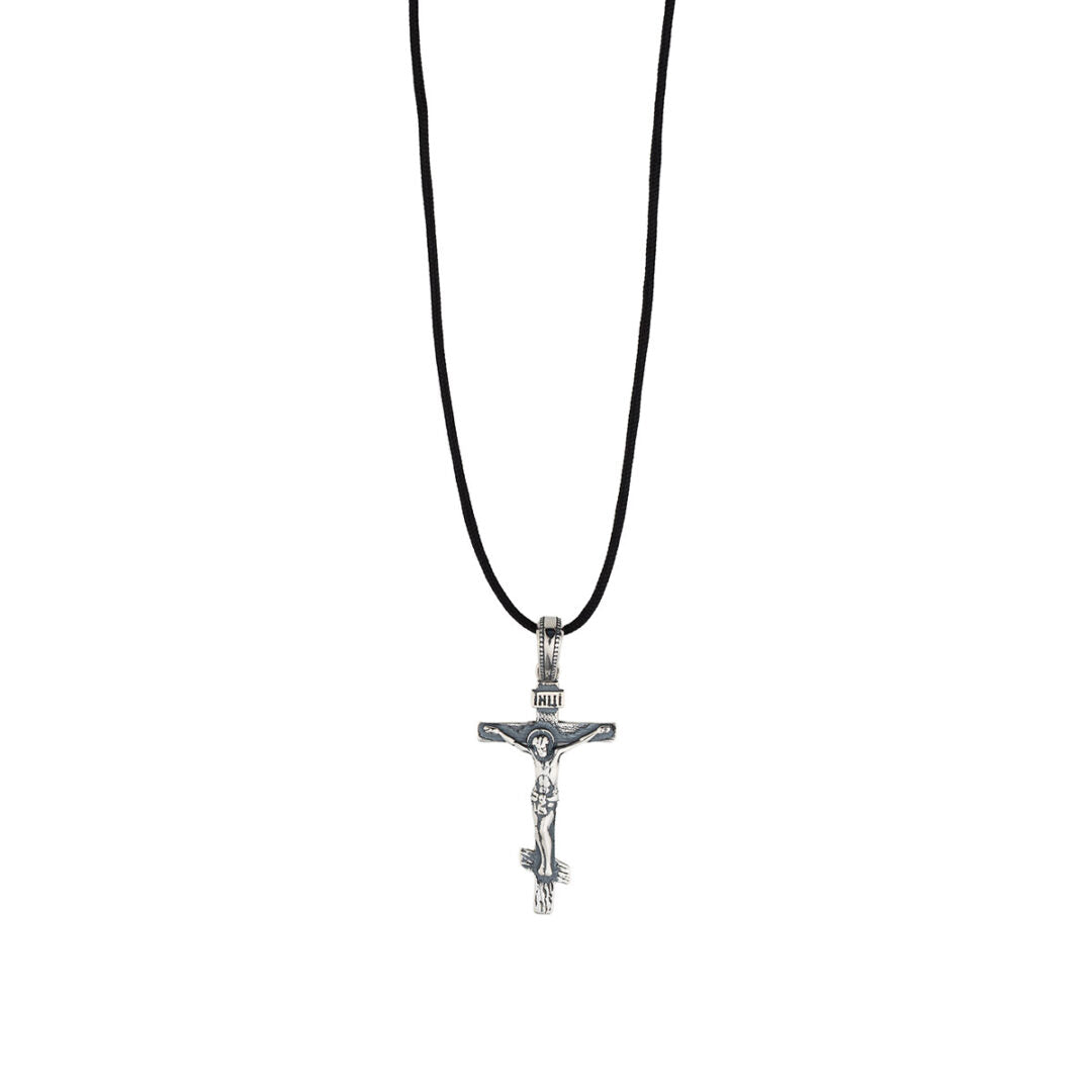 Jesus Crucifixion Cord Necklace - 925 Sterling Silver