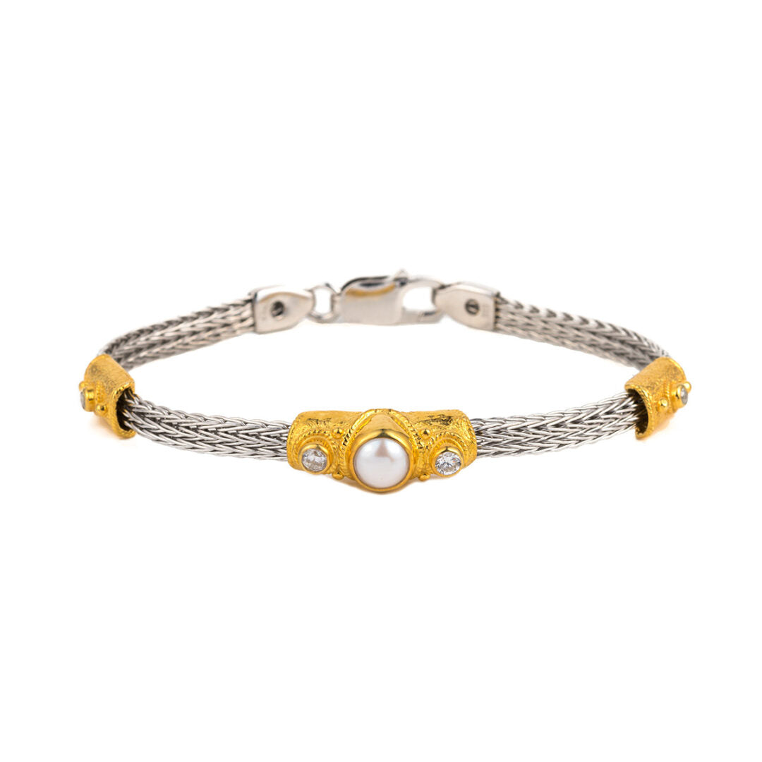 Byzantine Bracelet with Pearl and Crystal - Sterling Silver Gold Plated