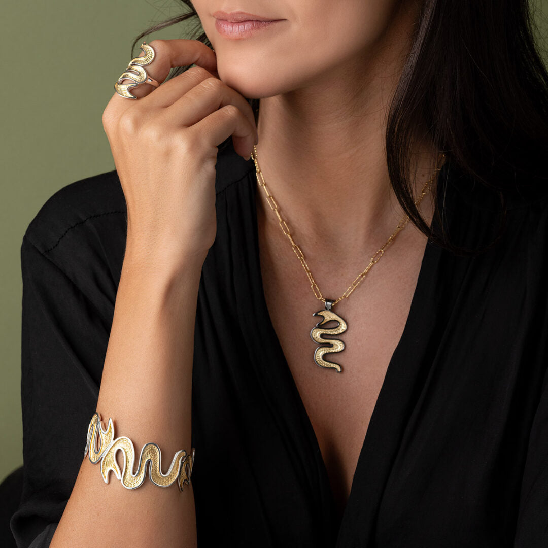 Snake Cuff Bracelet - Sterling Silver and Gold Plated