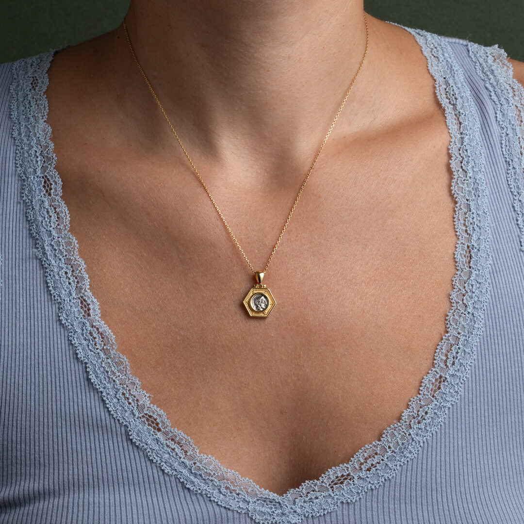 Athena Coin Pentagon Pendant - 14K Gold and Sterling Silver