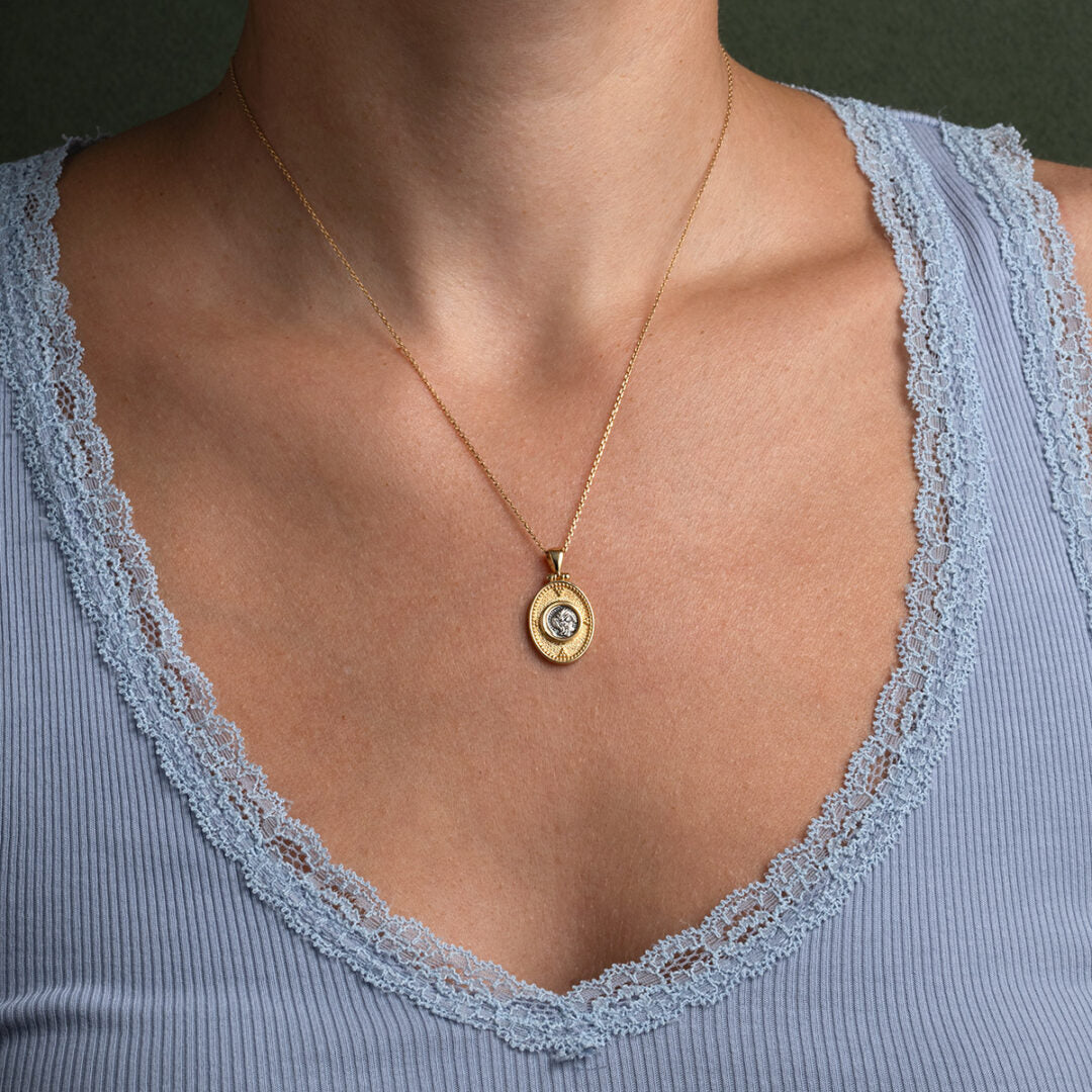 Athena Coin Oval Pendant - 14K Gold and Sterling Silver