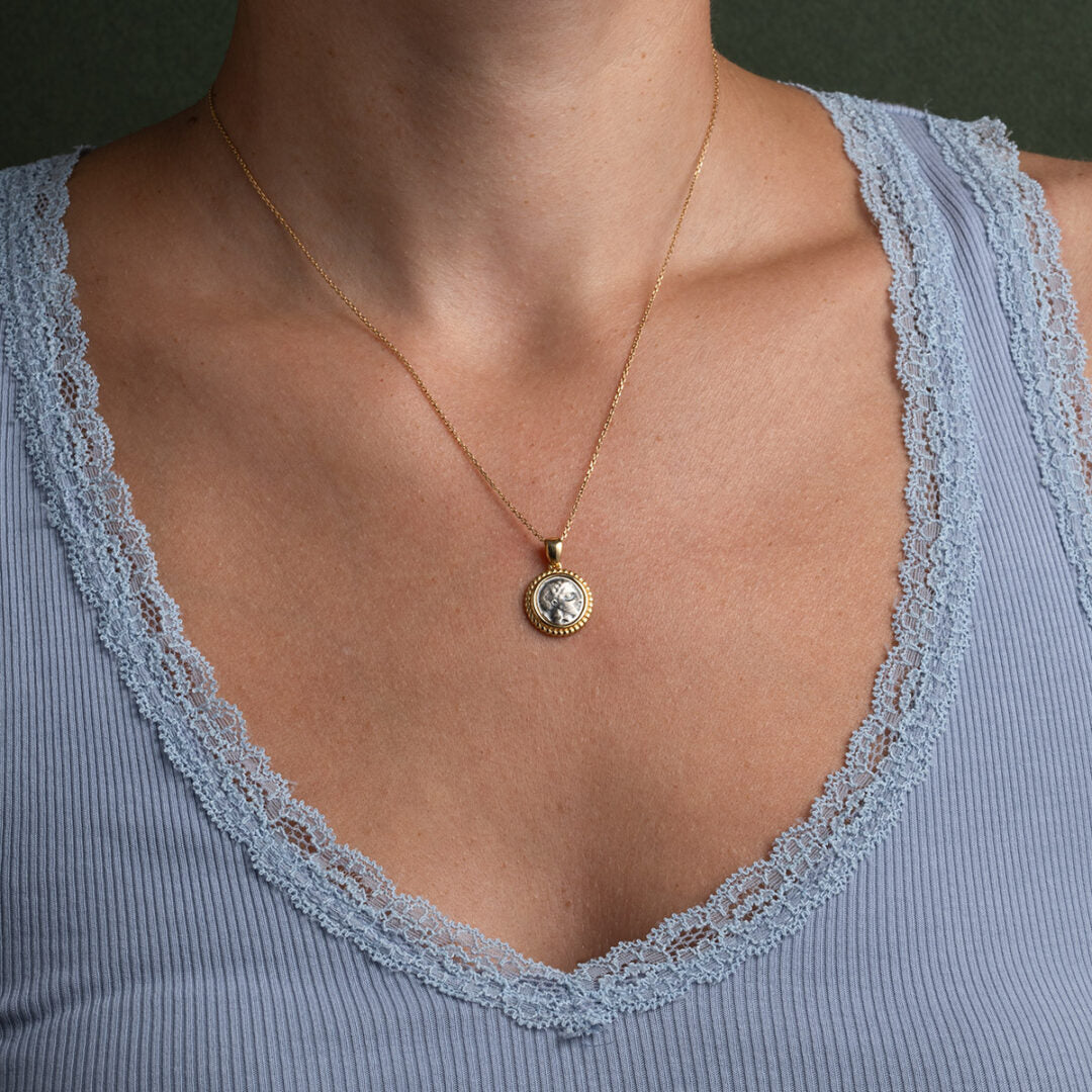 Goddess Athena Coin Round Pendant - 14K Gold and Sterling Silver