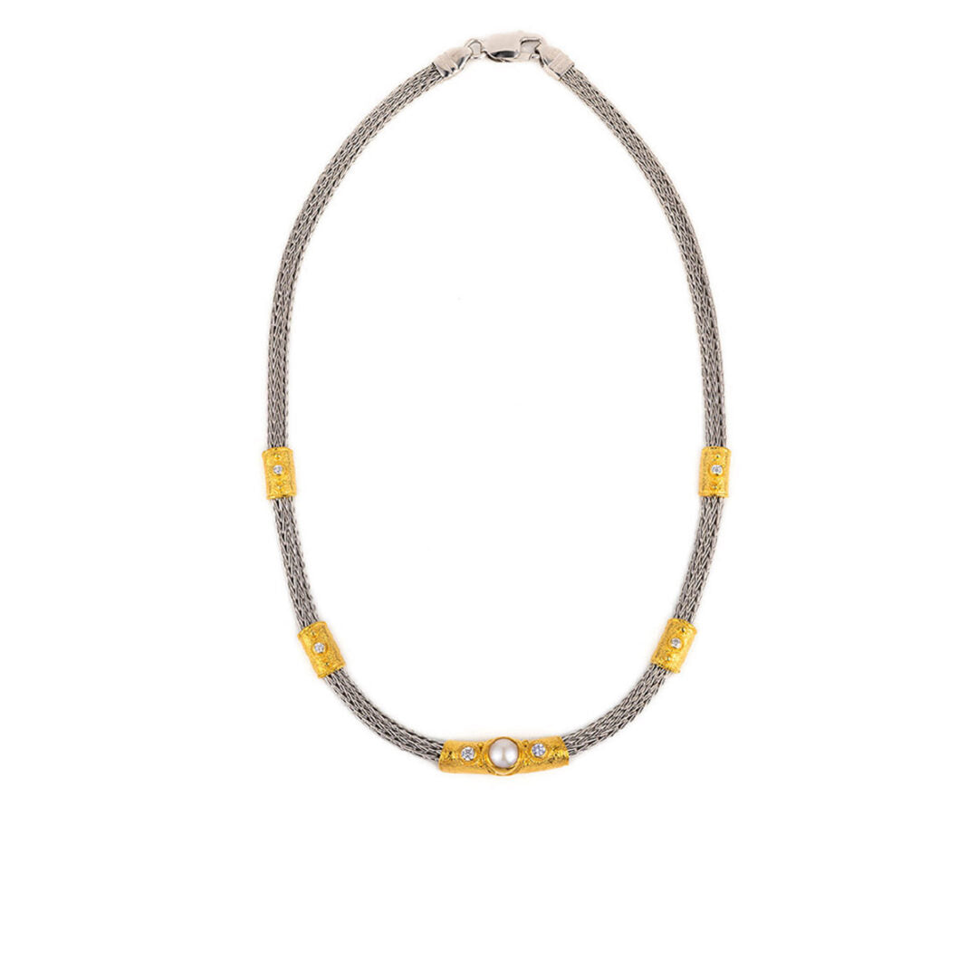 Byzantine Silver Gold Plated Necklace with Pearl and Crystals