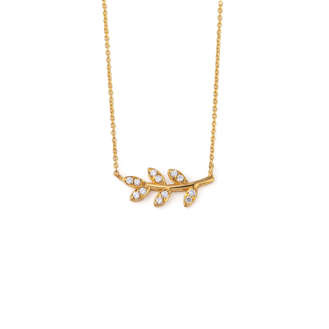 Olive Leaf Necklace with Diamonds – 18K Solid Yellow Gold