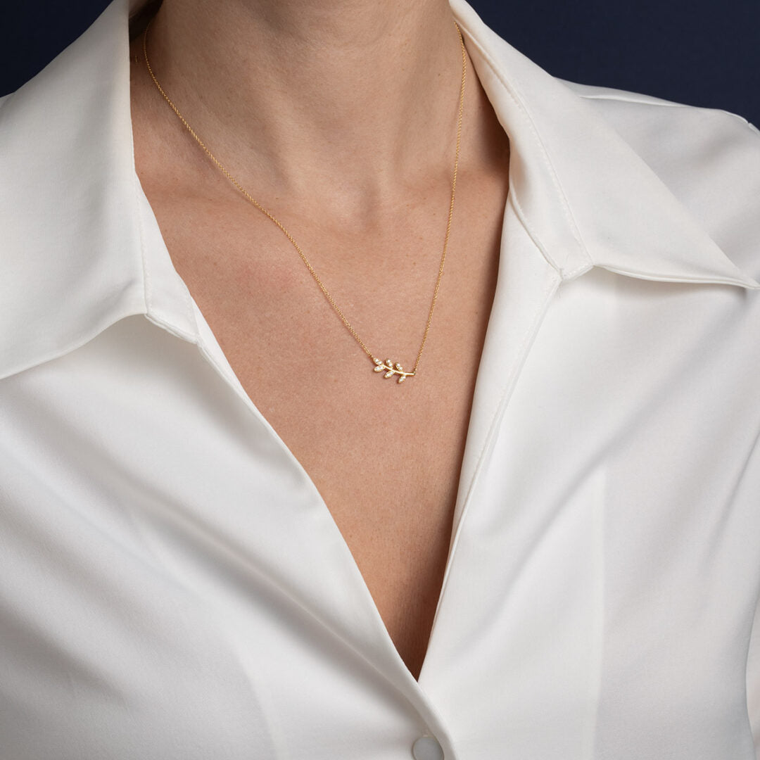 Olive Leaf Necklace with Diamonds – 18K Solid Yellow Gold