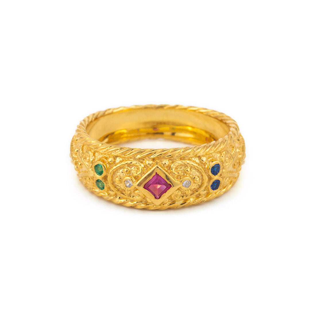 Sterling Silver Gold Plated Byzantine Ring with Crystals