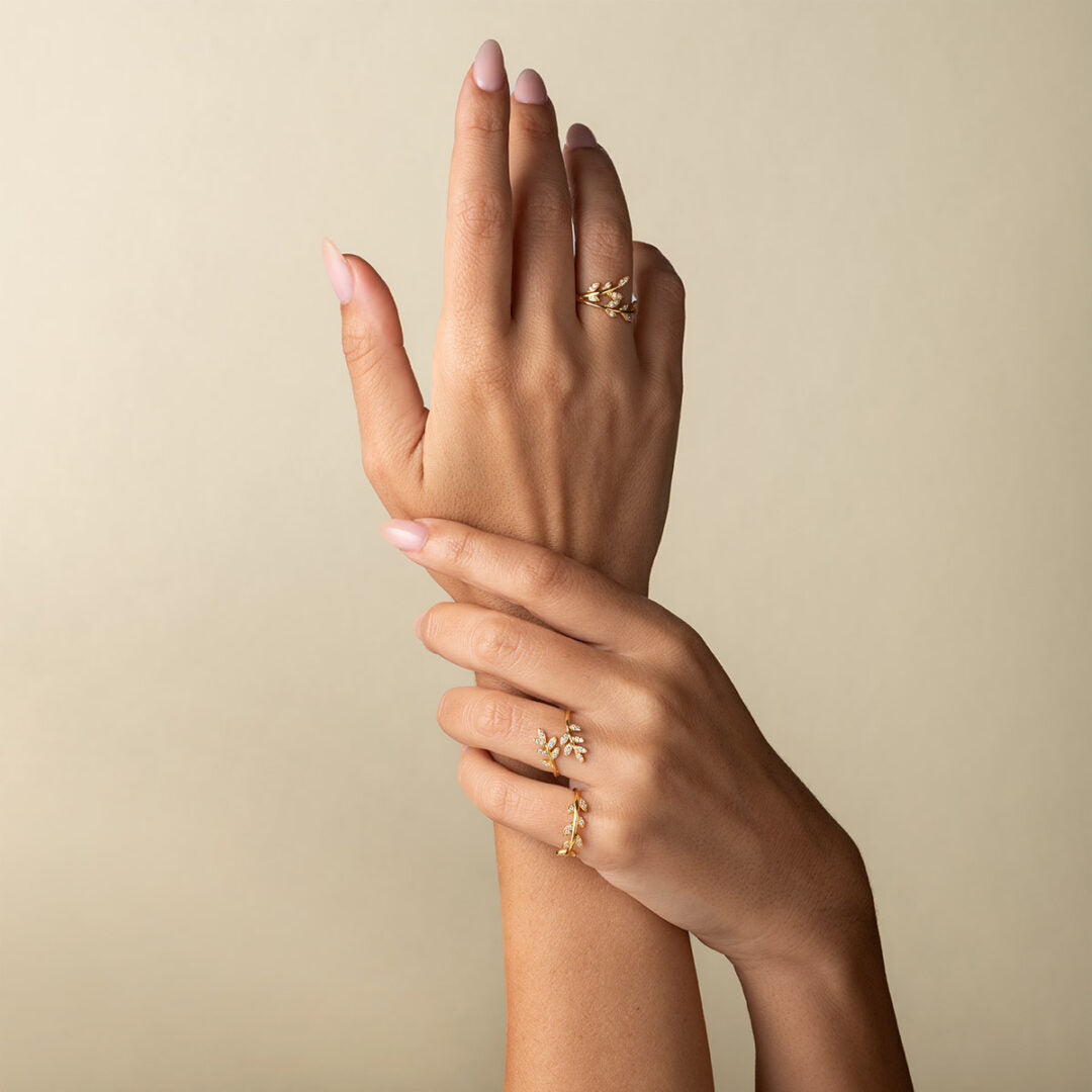 Leaf Ring with Zircon - 14K Solid Yellow Gold