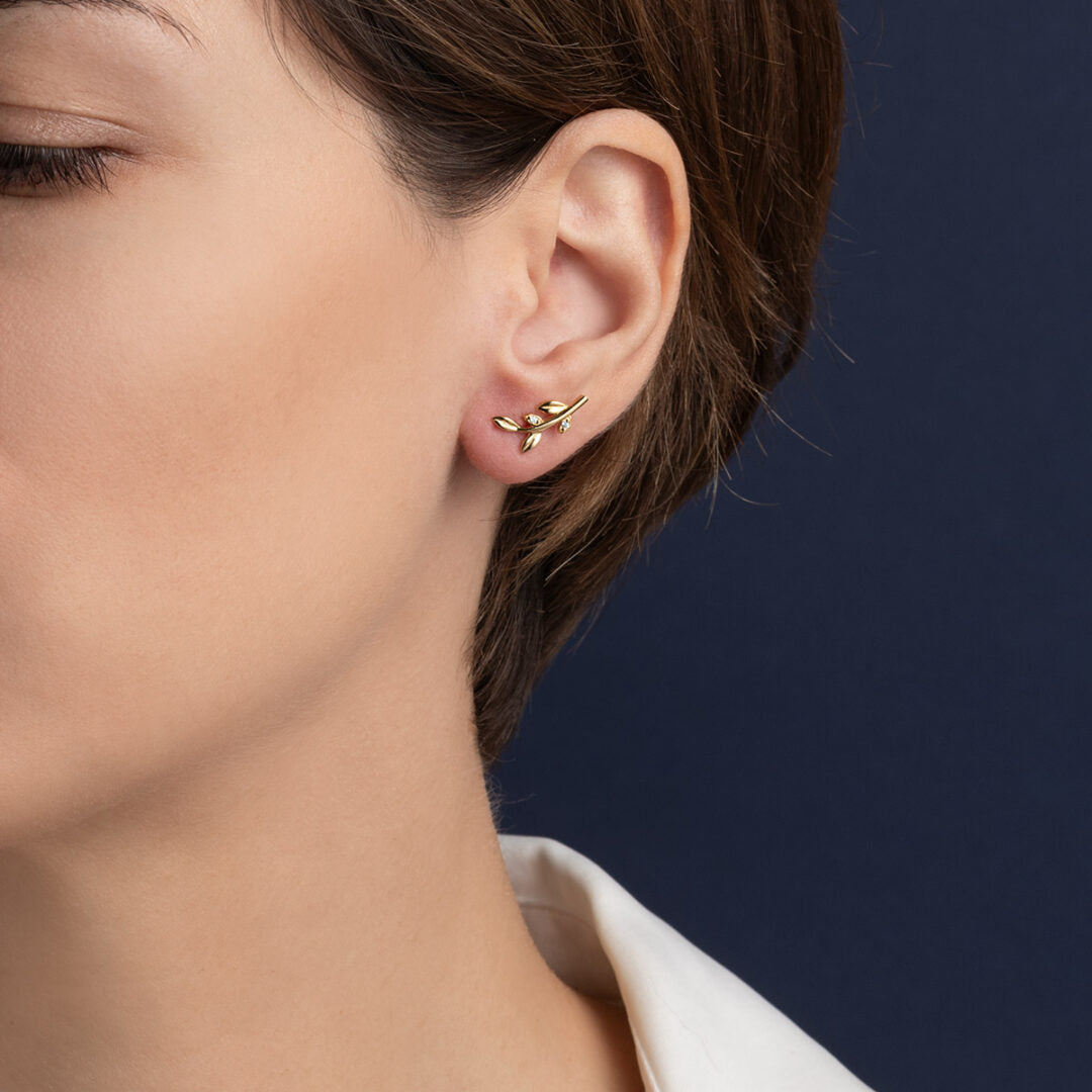 Olive Leaf Earrings with Zircon – 9K Solid Yellow Gold