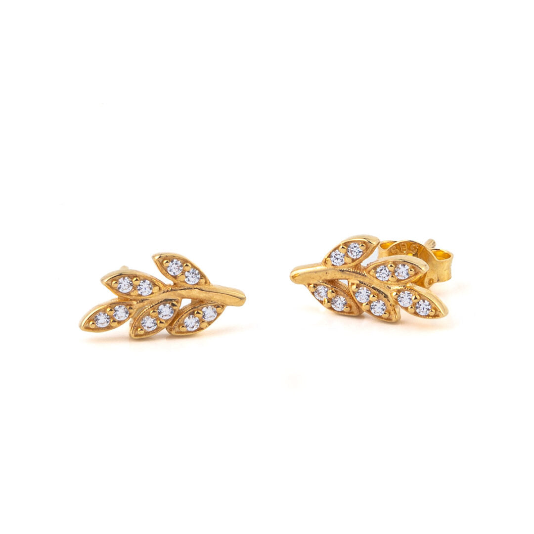 Leaf Earrings with Zircon – 14K Yellow Gold