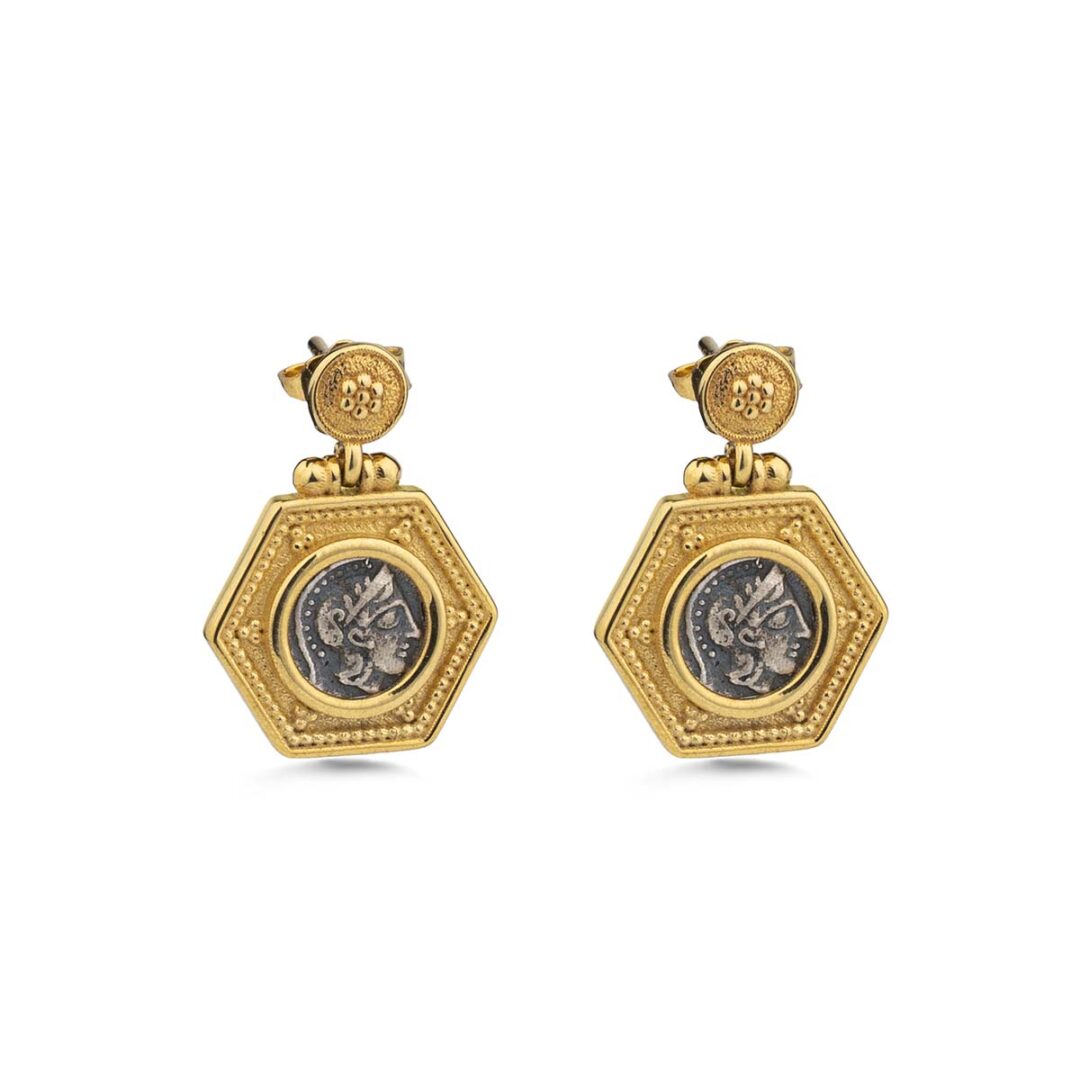 Goddess Athena Dangle Earrings - 9k Gold and Sterling Silver