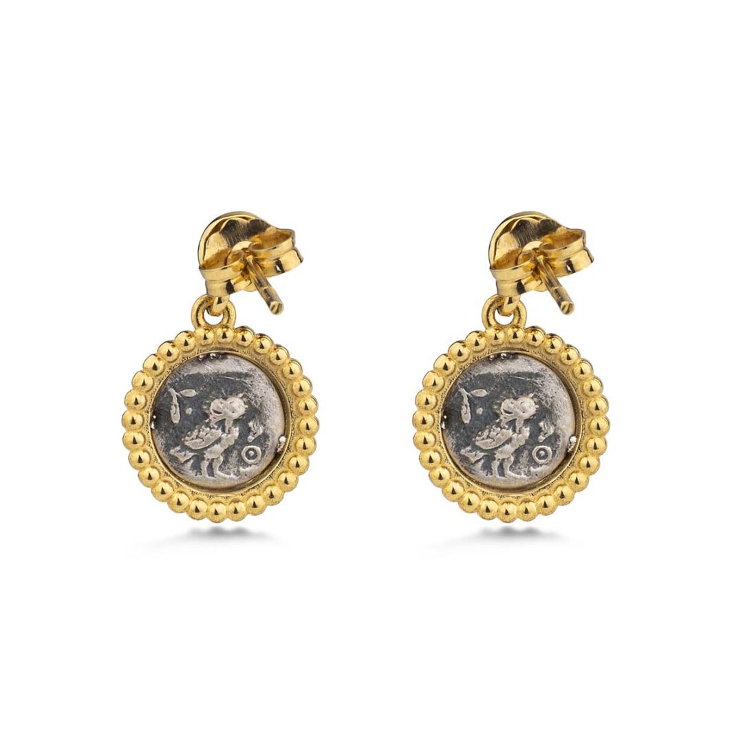 Goddess Athena Coin Drop Earrings - 14k Gold and Sterling Silver